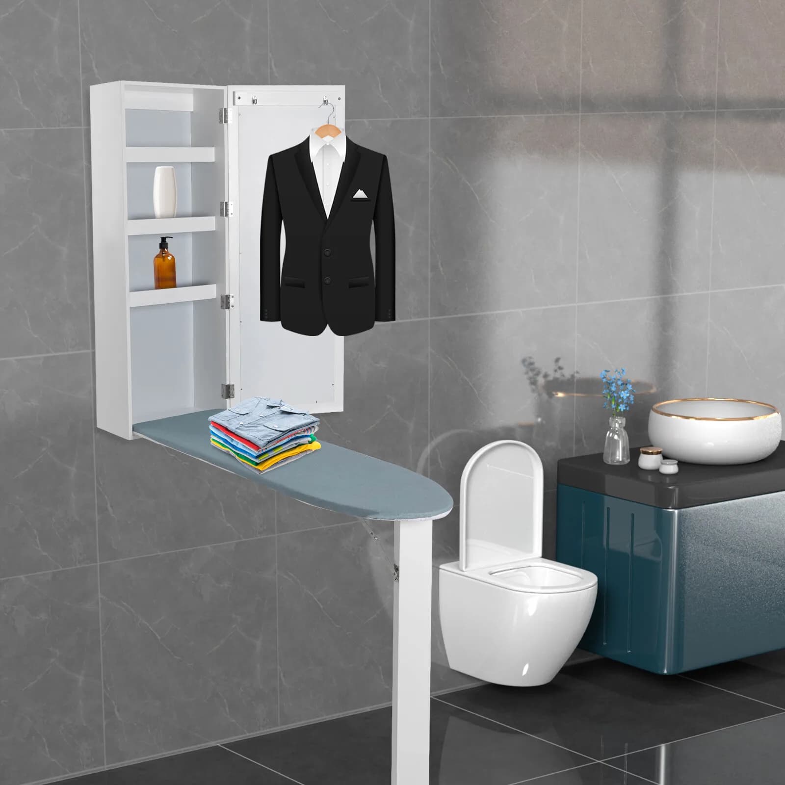 Armadio da bagno a parete 2 in 1 con specchio e piano da stiro a scomparsa