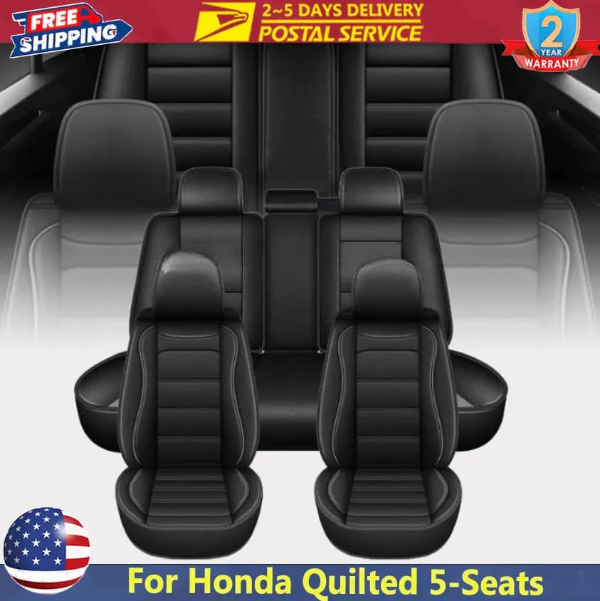 Black Universal Seat Cover 5-Seats For Honda Quilted Leather Car Seat Covers Front Rear Full Set Protectors For Sedan SUV