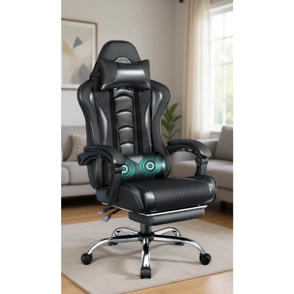 Comfortable PU Leather Gaming Chair with Footrest Massage Lumbar Pillow Reclining; Durable Metal Frame Supports Up to 300 lb
