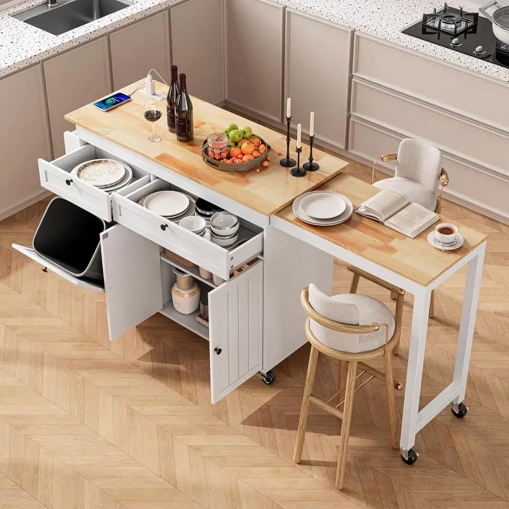 81.7 White Rolling Kitchen Island with Extendable Dining, Storage, Trash Bin, Power Outlet, Spice Rack & Towel Bar