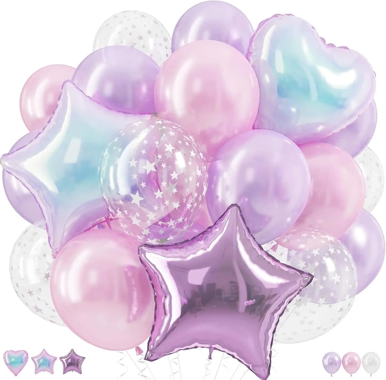 Palloncini in lattice trasparenti rosa chiaro e lilla a forma di stella con palloncino in lamina a forma di cuore arcobaleno e stella lavanda per decorazioni da principessa