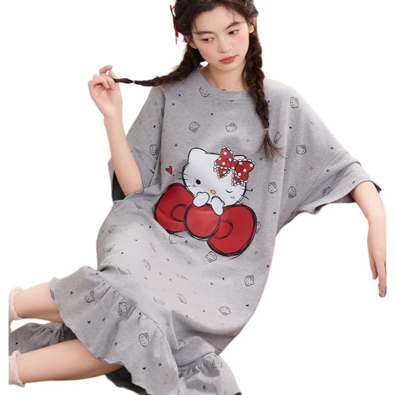 Pigiama Hello Kitty, Vestito Lungo, Pigiama Estivo, Abbigliamento da Notte a Maniche Corte, Gonna da Notte, Abbigliamento per Casa Kawaii con Cartoni Animati