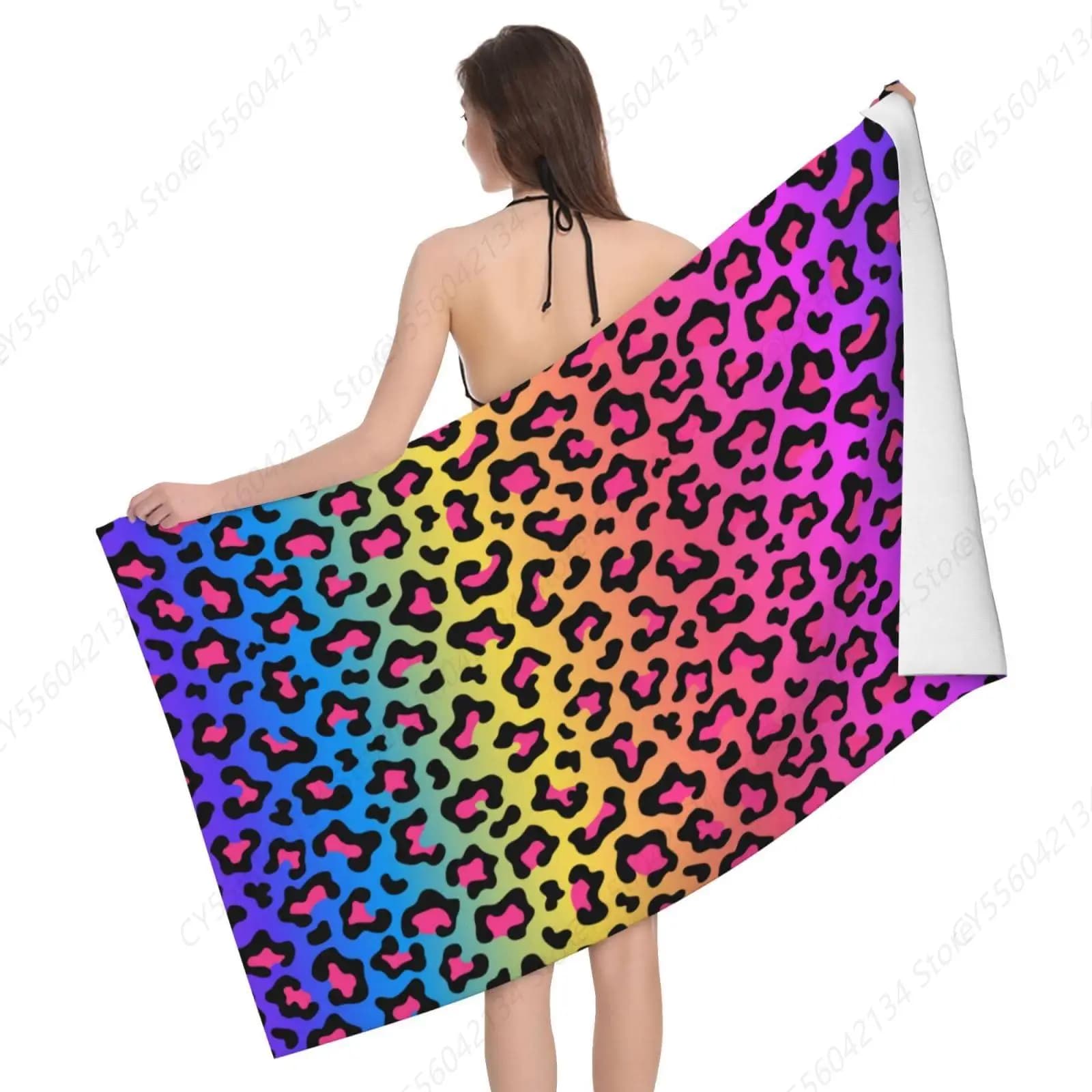 Asciugamano da spiaggia Asciugamano da bagno sottile leggero oversize ad asciugatura rapida con stampa leopardata arcobaleno 32"x52", Piscina da viaggio per uomo e donna