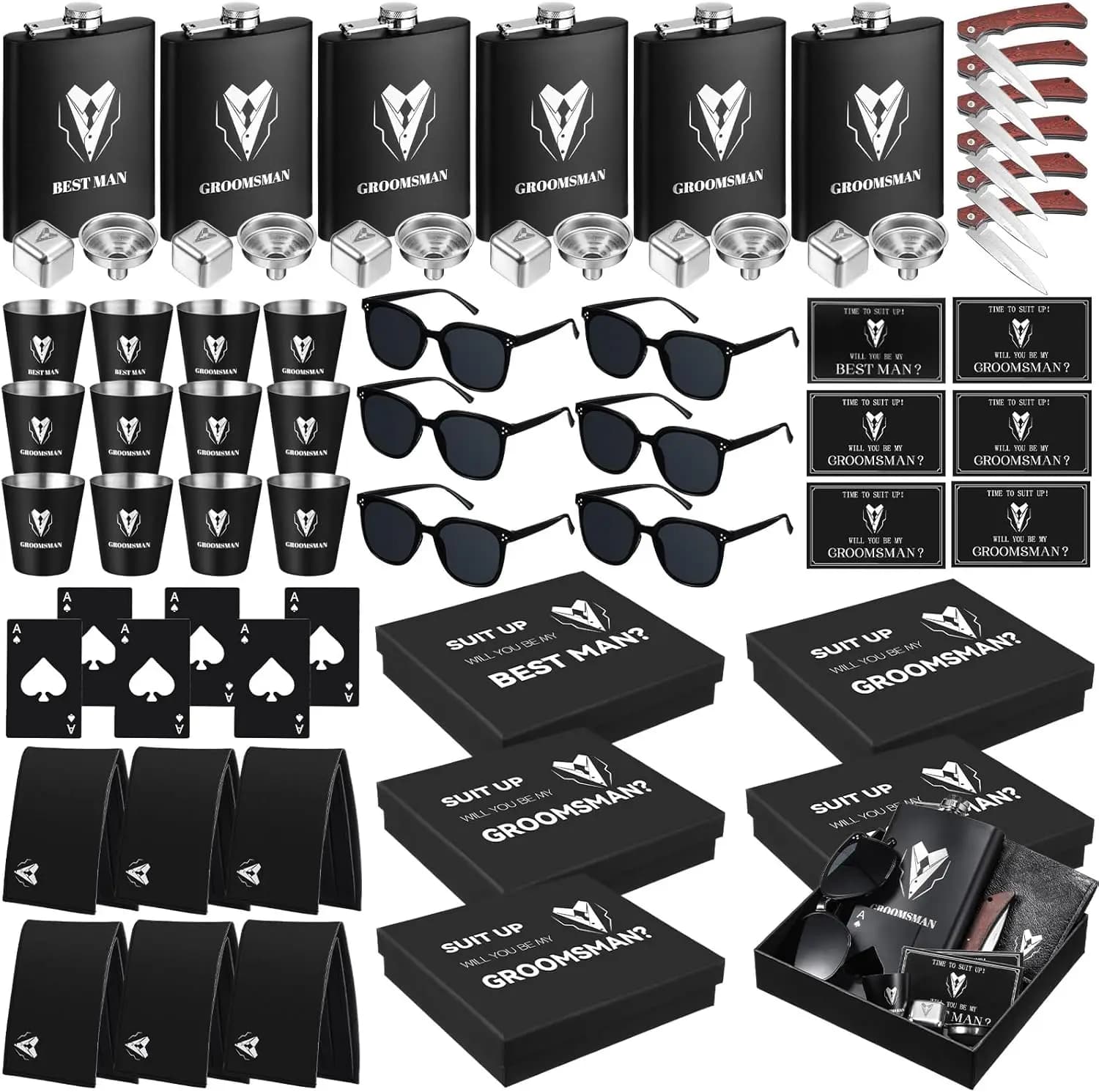 Set da 66 Pezzi per Proposta alle Testimoni: Bicchierini, Fiaschetta in Acciaio Inox, Imbuto, Scatole Regalo, Occhiali da Sole, Coltelli, Apribottiglie