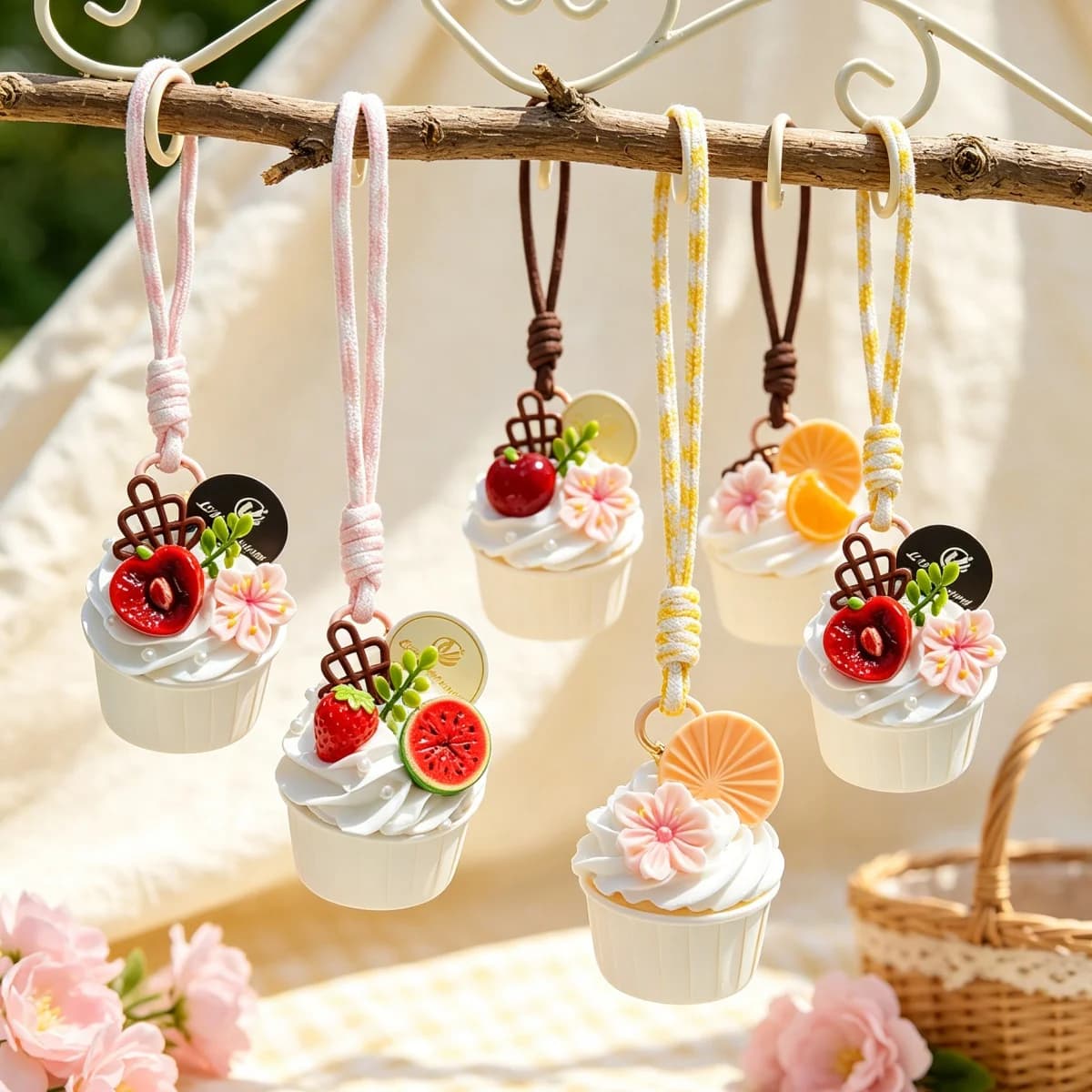 Aesthetic Handmade Polymer Clay Cupcake Hanging Ornament Fake Fruit Floral Mini Cake Pendant Car Mirror Bag Decor Cute Sweet
