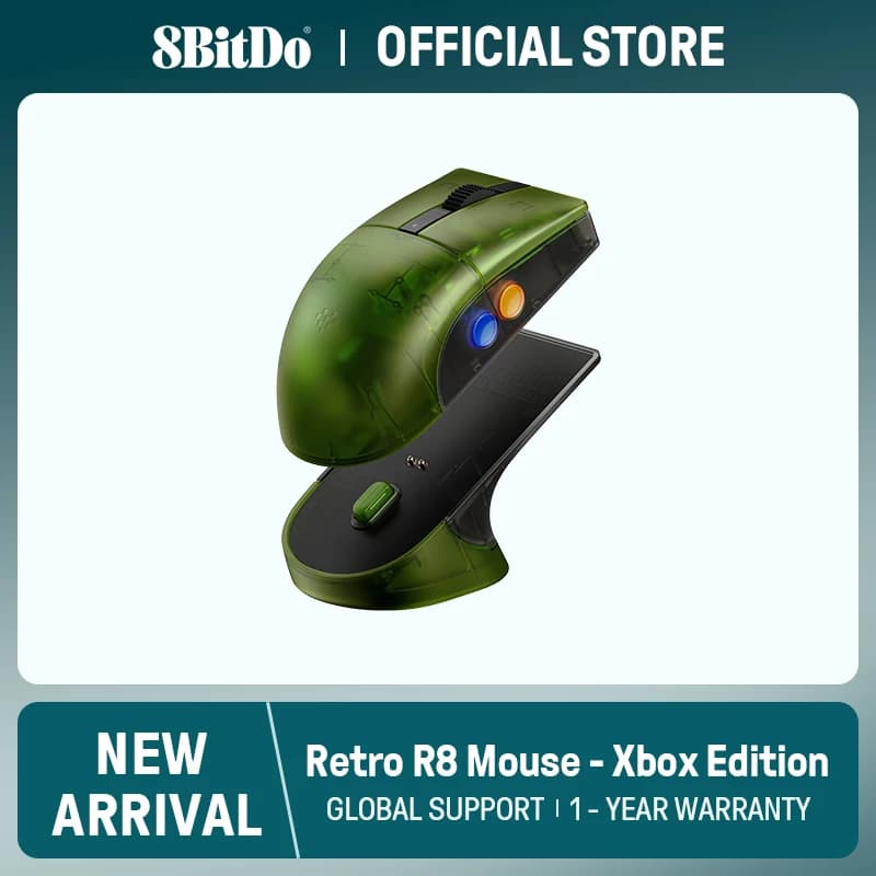 Mouse 8BitDo Retro R8 con sensore ottico PAW 3395 DPI 26K, mouse polling wireless 4K con dock di ricarica - Xbox Edition