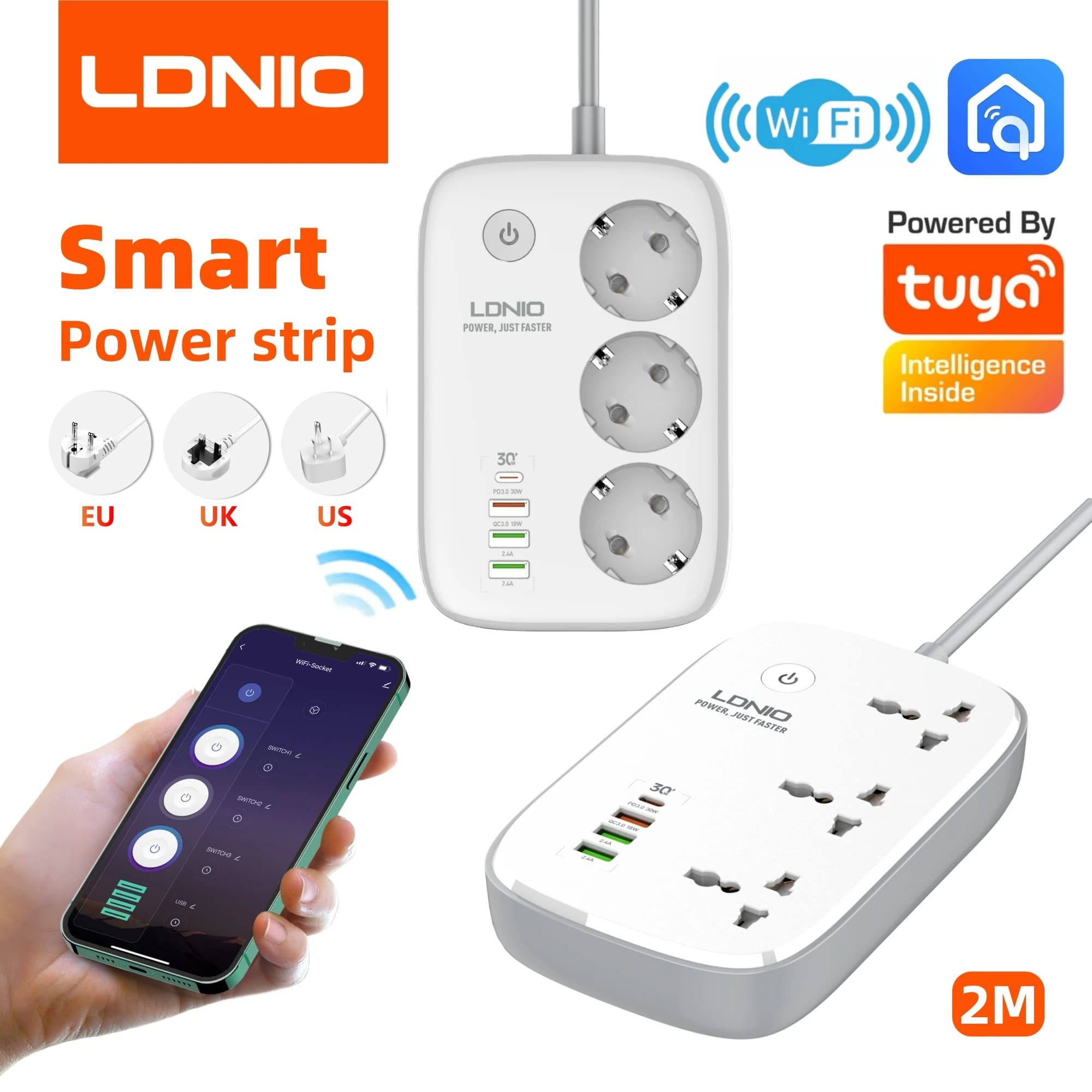 LDNIO Smart Plug Presa multipla Tuya Wifi Telecomando Presa timer Filtro linea Smart Home Switch Adattatore USB presa EU KR UK US