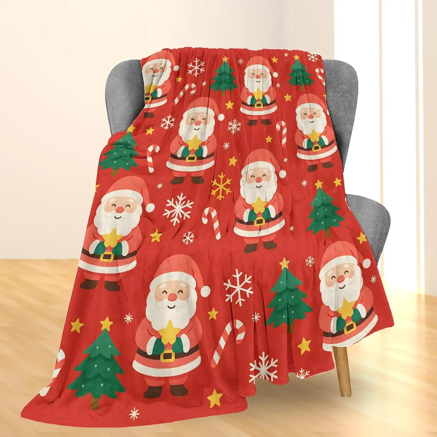 Coperta natalizia in flanella di Babbo Natale: morbida, leggera e carina con disegni di Babbo Natale, albero e bastoncino di zucchero per divano, letto o viaggio