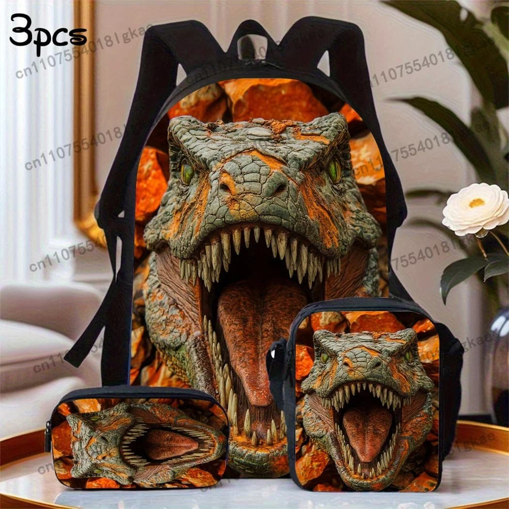 3pcs Dino Menace Backpack Set - Large Capacity Backpack, Pencil Case & Zippered Lunch Bag with Adjustable Shoulder Straps - Idea