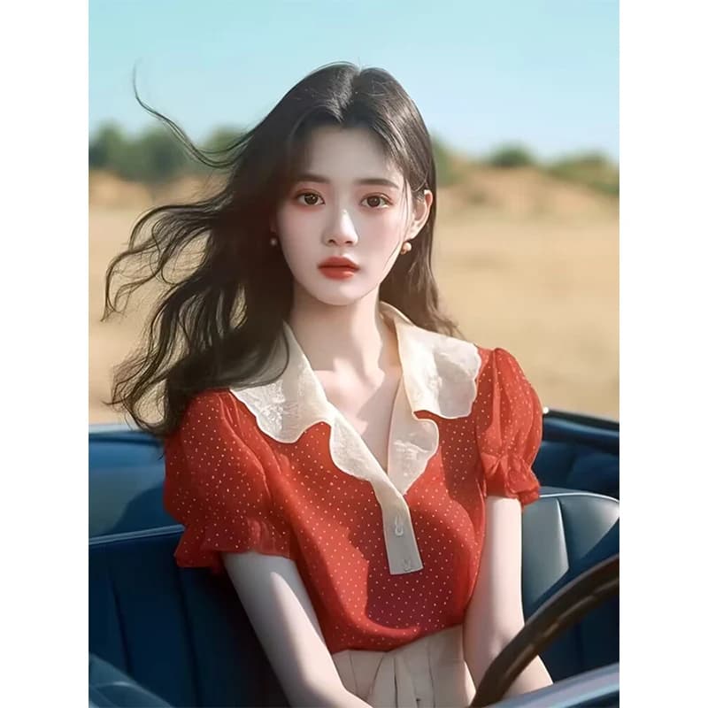 Camicetta Rossa Dolce con Maniche a Bolla e Orlo in Pizzo da Donna, Stile Estivo, Scollo a V, Manica Corta, in Fibra di Poliestere, Camicia Casual