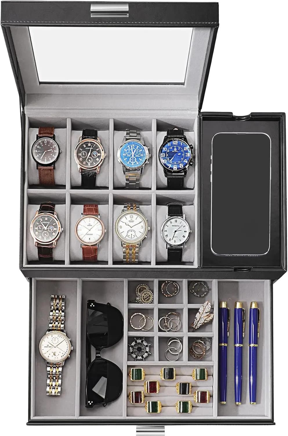 Scatola Porta Orologi per Uomo, Custodia per 8 Orologi con Coperchio in Vetro, Grande Organizzatore per Orologi e Occhiali da Sole, in Pelle PU Nera