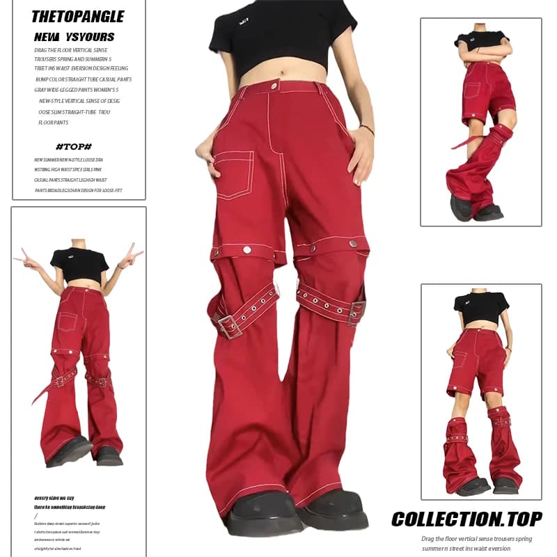 Jeans da lavoro rossi americani da donna nuovi anni '90 ragazza piccante Y2K Design sentire pantaloni lunghi larghi e rilassati staccabili
