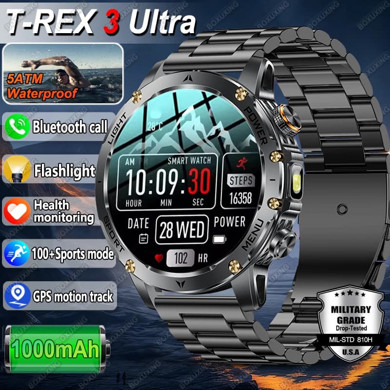 T-REX 3 Ultra Militare 1000mAh Batteria Astuto Della Vigilanza Degli Uomini 5ATM Impermeabile GPS Bluetooth Chiamata HD AMOLED Sport Smartwatch 2026 Nuovo