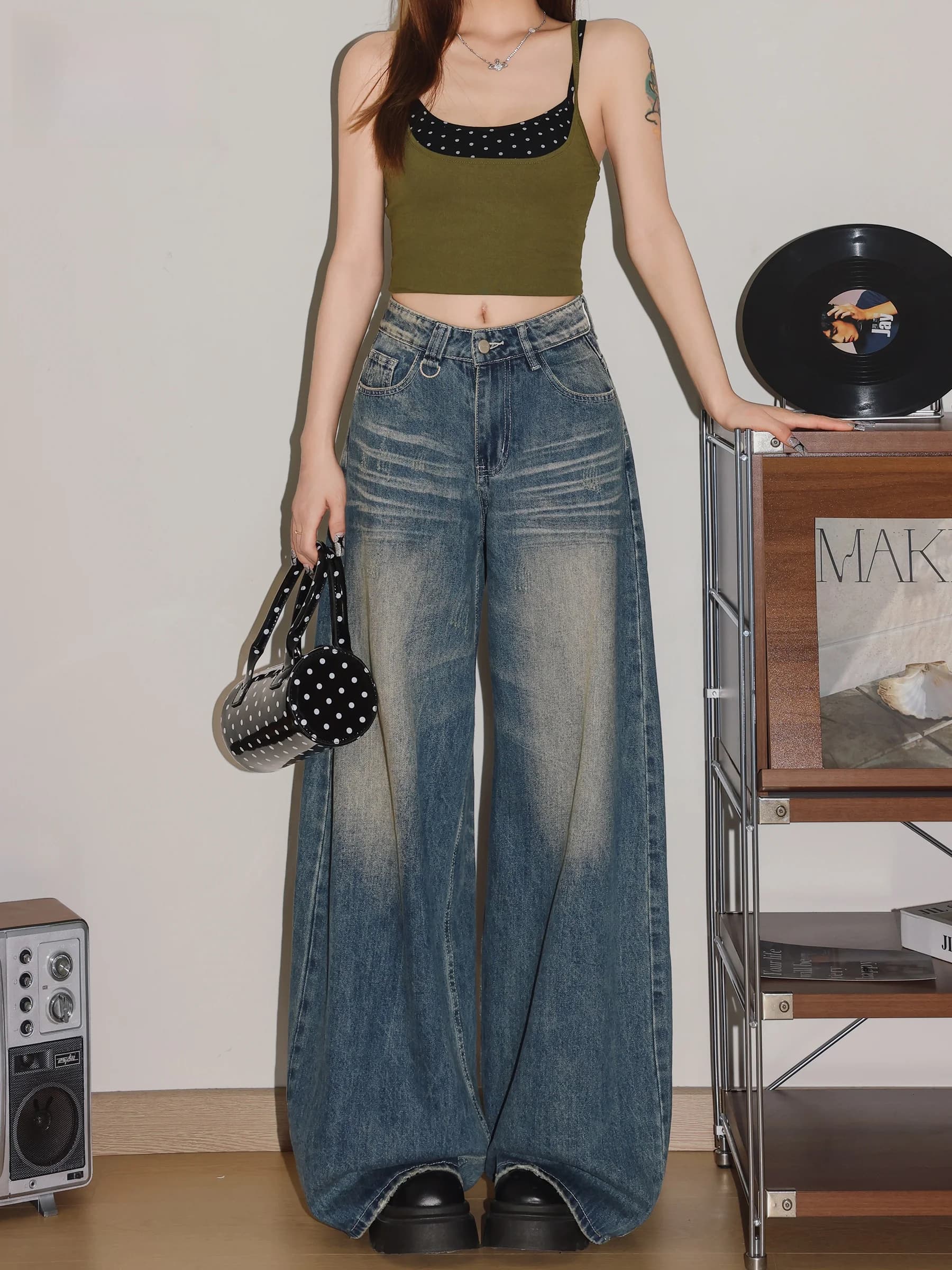 American Style High Waist Wide Leg Denim Jeans Women's Loose Fit Summer Casual Loose Drapey Floor-Length Pants