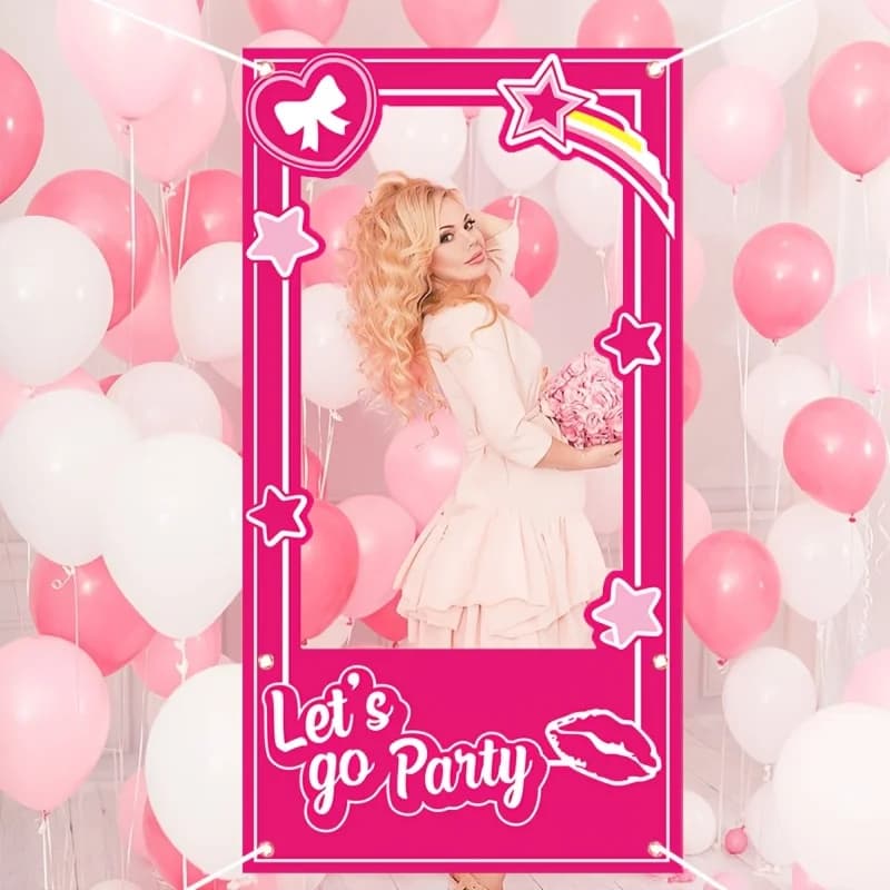 Uno schermo fotografico per la festa della principessa rosa con il slogan "Happy Party", adatto per compleanni e addio al celibato