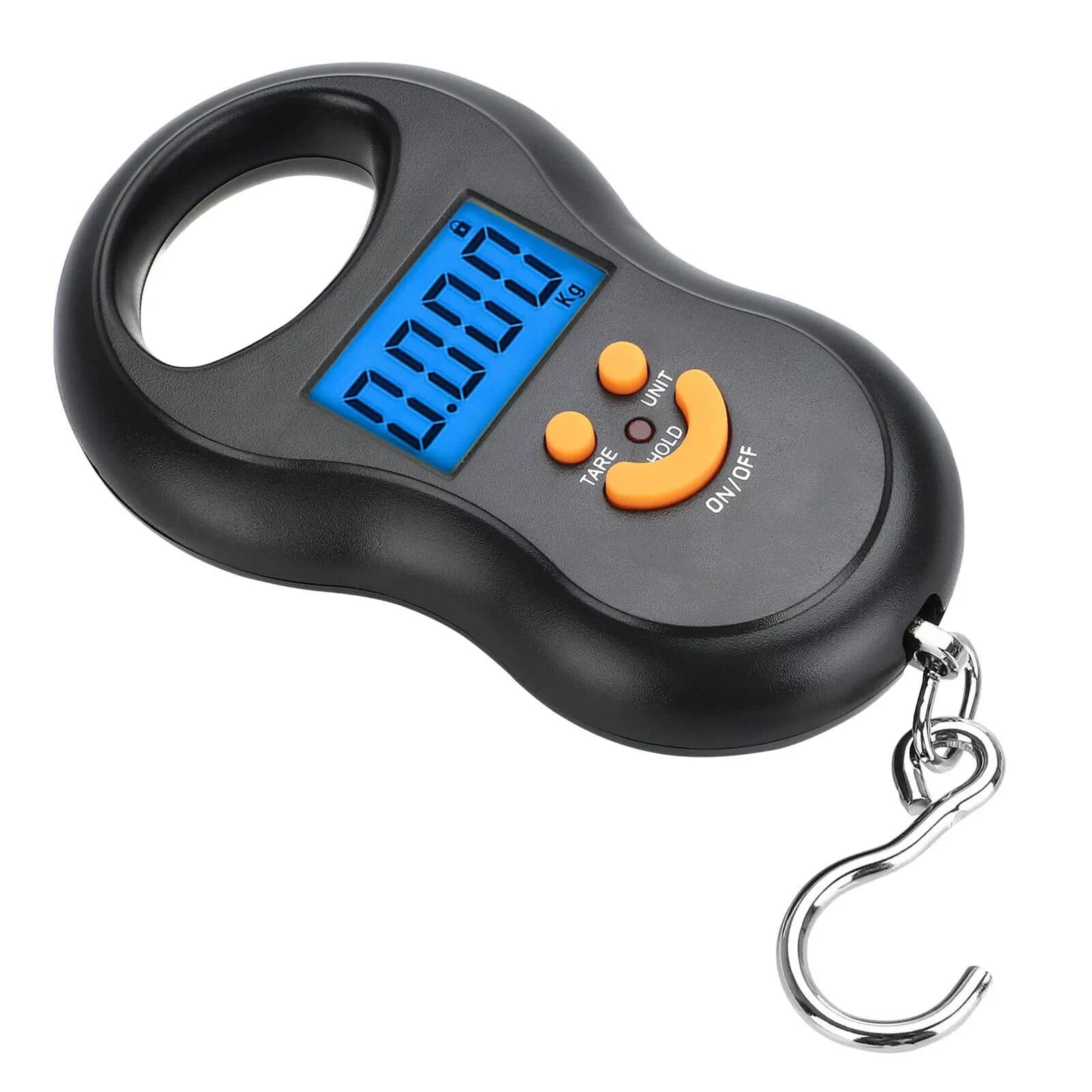 Bilancia digitale sospesa nera 50Kg LCD di precisione retroilluminato Cucina Pesca Bagagli Bilancia tascabile da viaggio Pesatura elettronica compatta