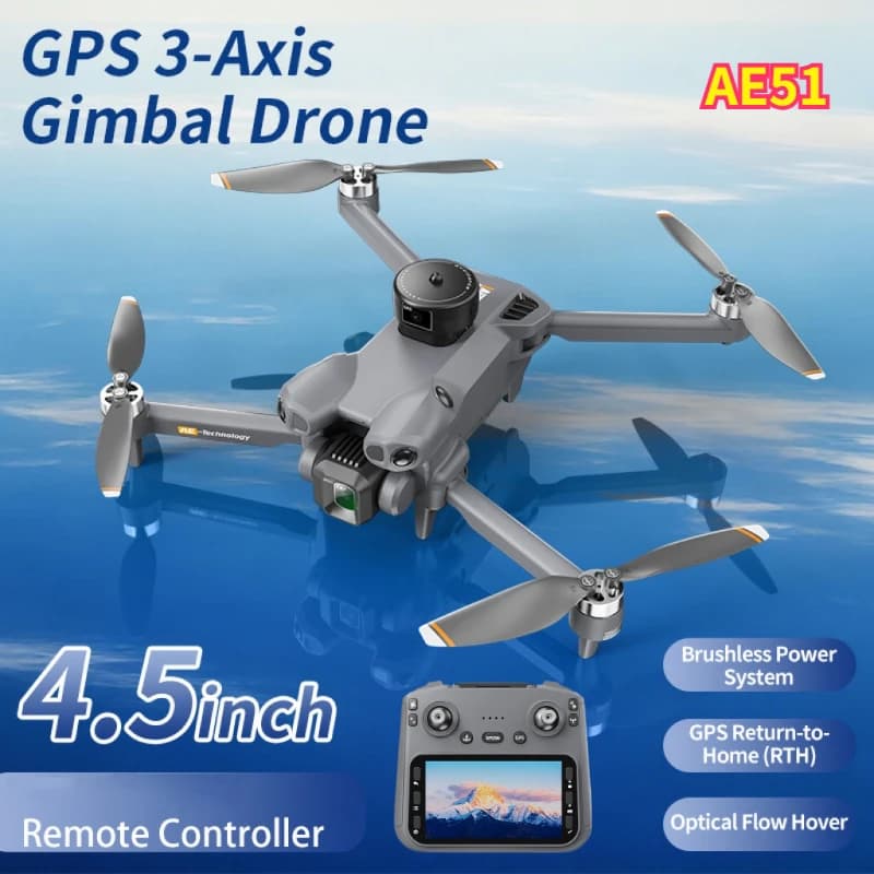 2026 New AE51 RC FPV Drone GPS Position Optical Flow Hover 4K Shooting 4.5" Screen Foldable Aircraft Long Flight Ideal Gift Toy