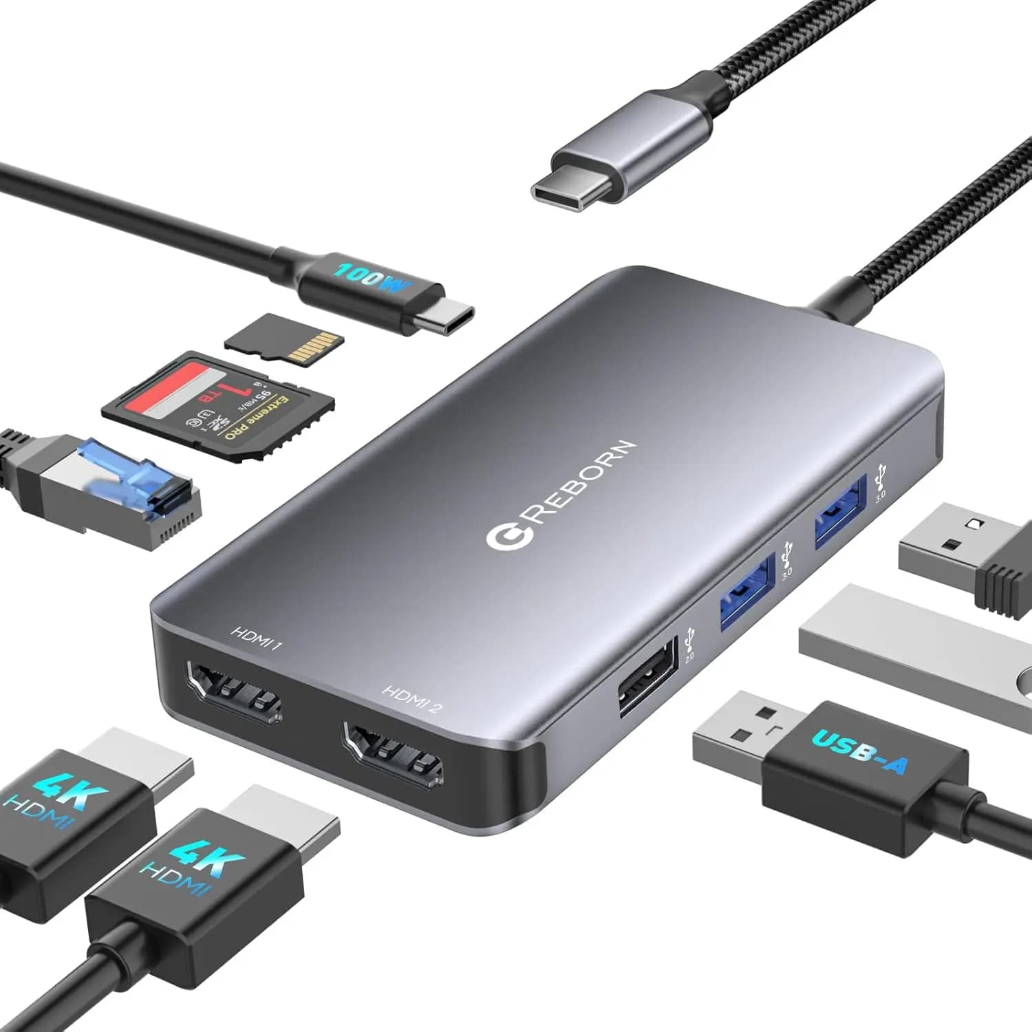 Docking Station USB C 9-in-1 con Doppia Uscita HDMI 4K, Ethernet Gigabit, Porte Dati Veloci e Ricarica PD 100W