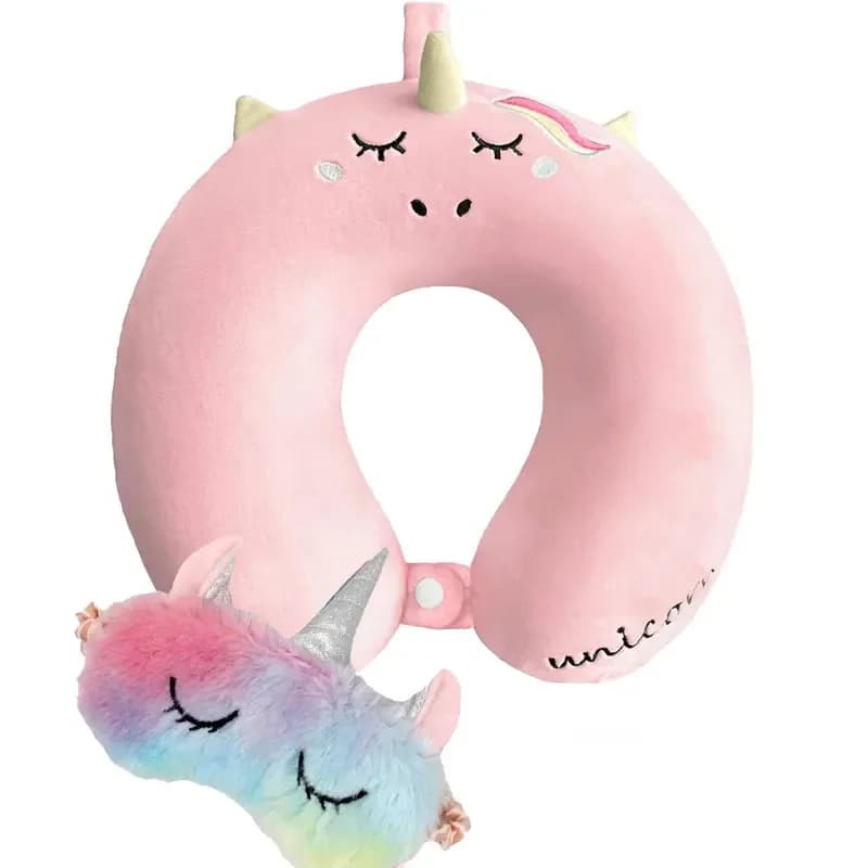 Cuscino da viaggio per il collo per bambini Cuscino in memory foam per aereo con unicorno a forma di U per adulti con simpatica maschera per dormire Cuscino per dormire da viaggio