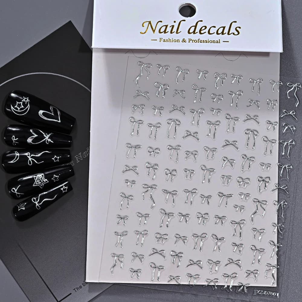 1 pz 3D metallo argento bowknot nail art adesivo nastro squisito autoadesivo unghie decalcomanie Y2K arco slider accessori manicure fai da te