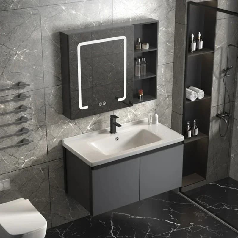 Nuovo spazio Armadietto da bagno con specchio in alluminio Armadietto per lavabo in ceramica Lavandino da bagno Combinazione Mobili per la casa integrati