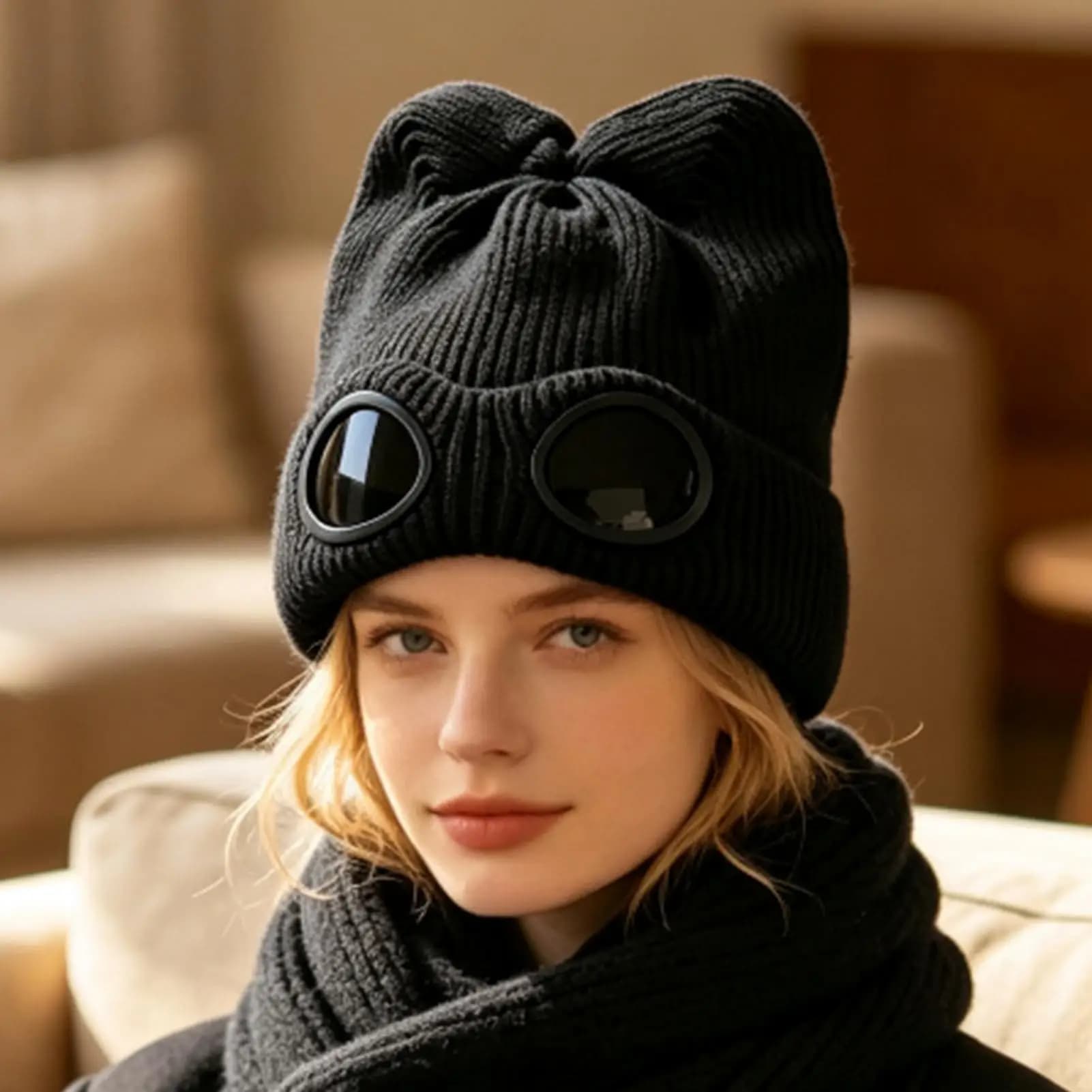 Ski Goggle Beanie Windproof Warm Winter Hat With Goggle Clip Fleece-Lined Snowboard Caps For Men Women Snow Sports Helmet