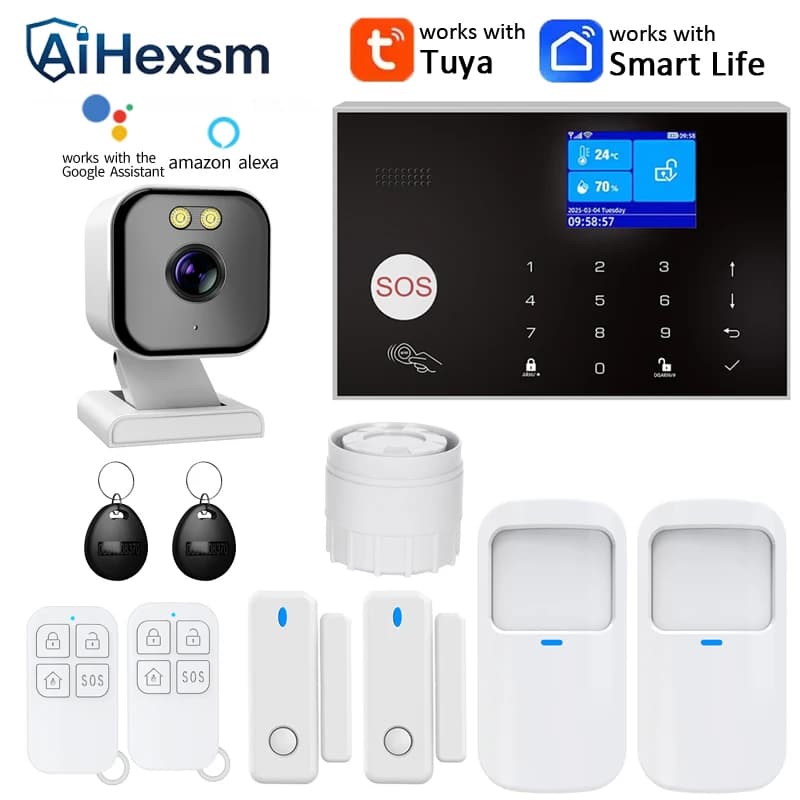 Sistema di Allarme GSM con Telecamera WIFI e Rilevatore di Movimento PIR, Sistema di Sicurezza Domestica Wireless Compatibile con Alexa, Controllo tramite App Tuya, Sensore di Fumo