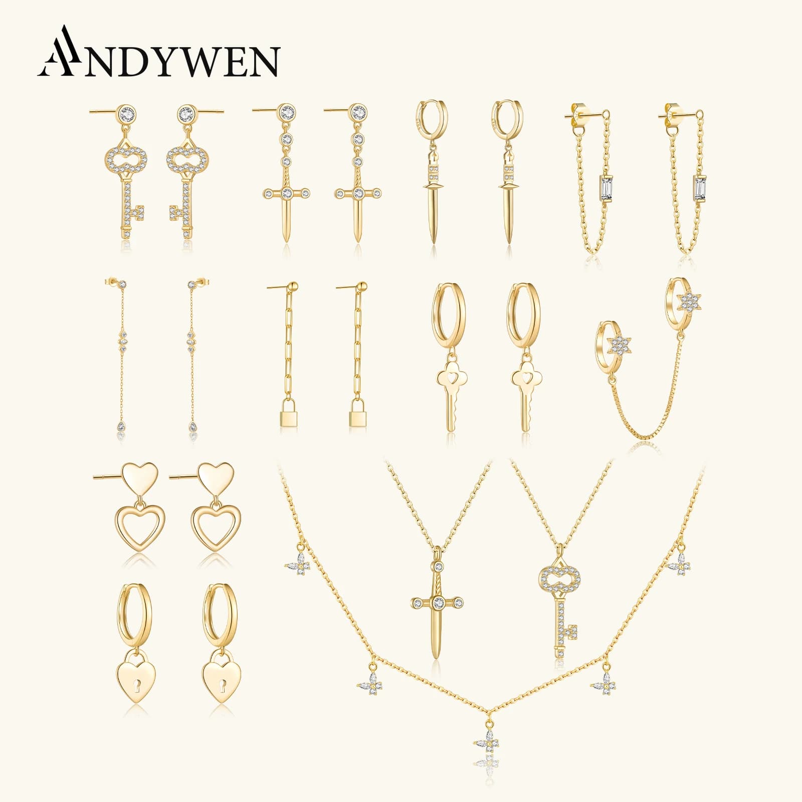 ANDYWEN 925 Sterling Silver Oro Cuore Chiave Croce Catena Orecchino di Goccia Penetranti Gioielli di Lusso 2021 Donne Festa di Nozze Gioielli Regalo