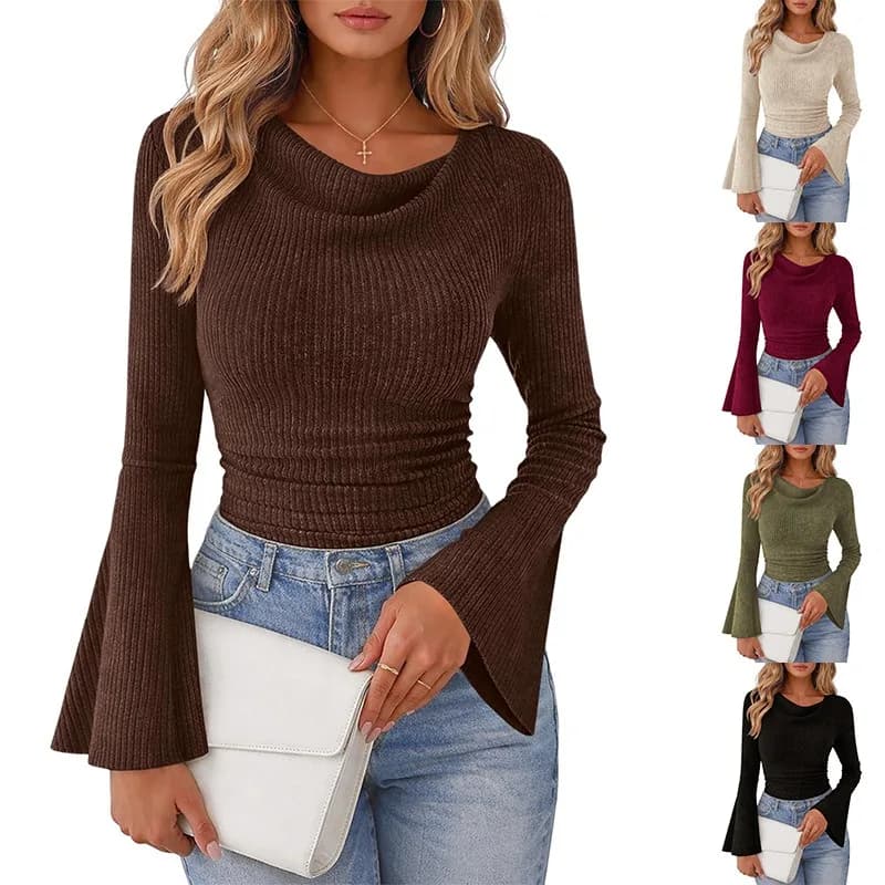 Autumn Winter New Style Women's Flare Sleeve T-Shirt Ribbed Top Street Style Pullover Slim Fit Solid Color Casual Tee