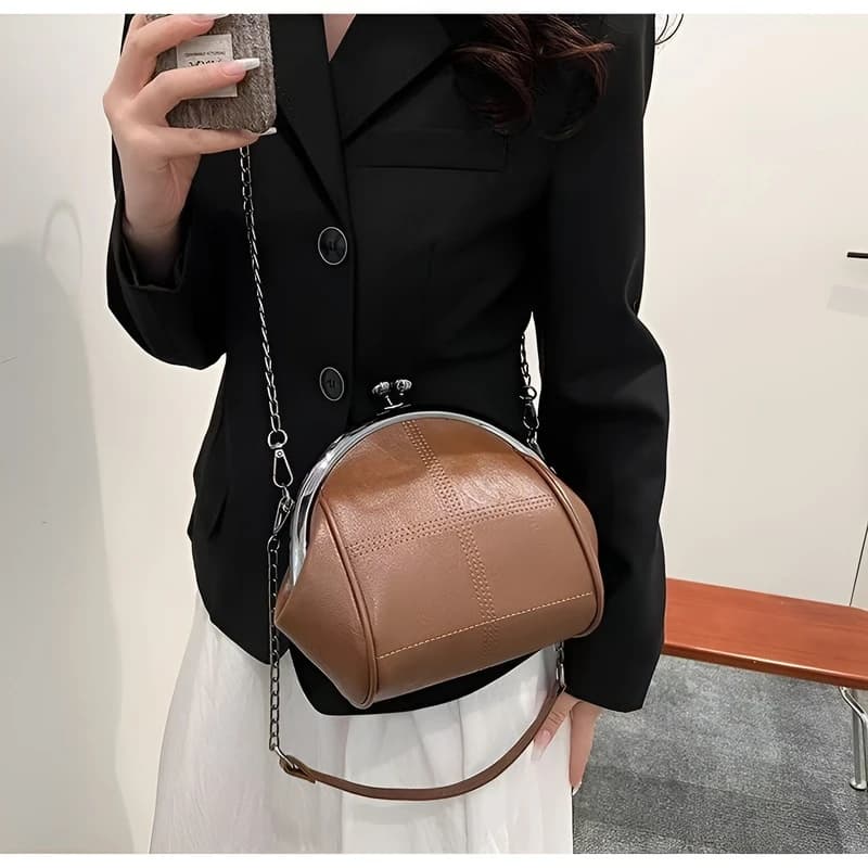 Women's Vintage PU Leather Shell Bag Kiss Lock Chain Strap Crossbody Bag Stitching Detail Small Casual Daily Shoulder Handbag