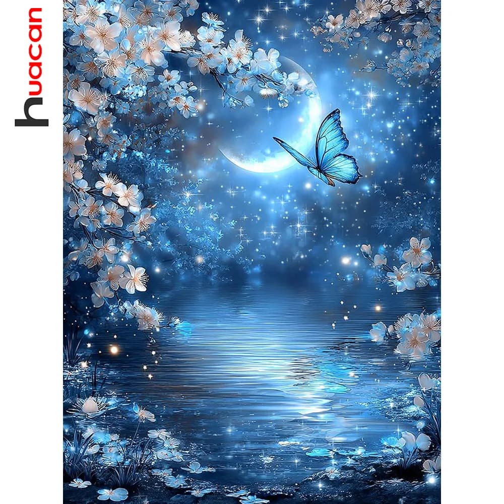 Huacan 5D DIY Diamond Painting Luna Farfalla Fiore Mosaico Diamantato Paesaggio Nuova Collezione Quadri Decorativi