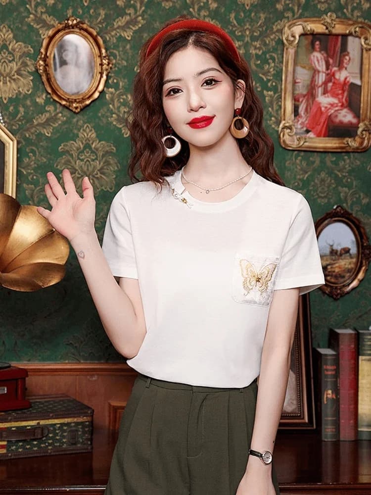 2024 Fashion Embroidered round Neck Short Sleeve T-Shirt Women's Summer Casual Slimming Design Versatile Korean Style Top