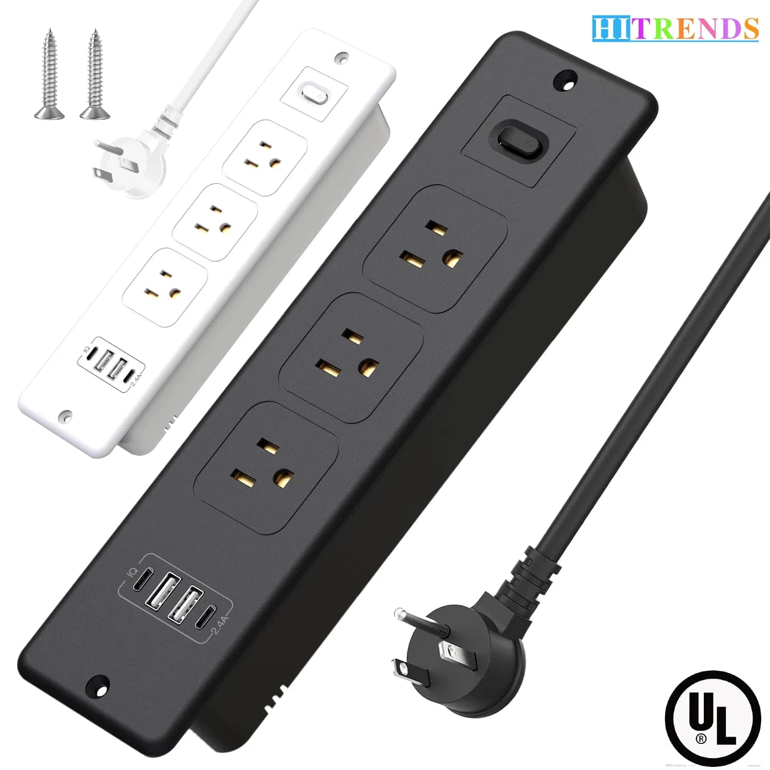 7-in-1 US Gauge Plug Embedded Power Board Desktop Hidden Socket USB-C/A Fast Charge + 3-Hole Power Supply 1.8m Extension Cable