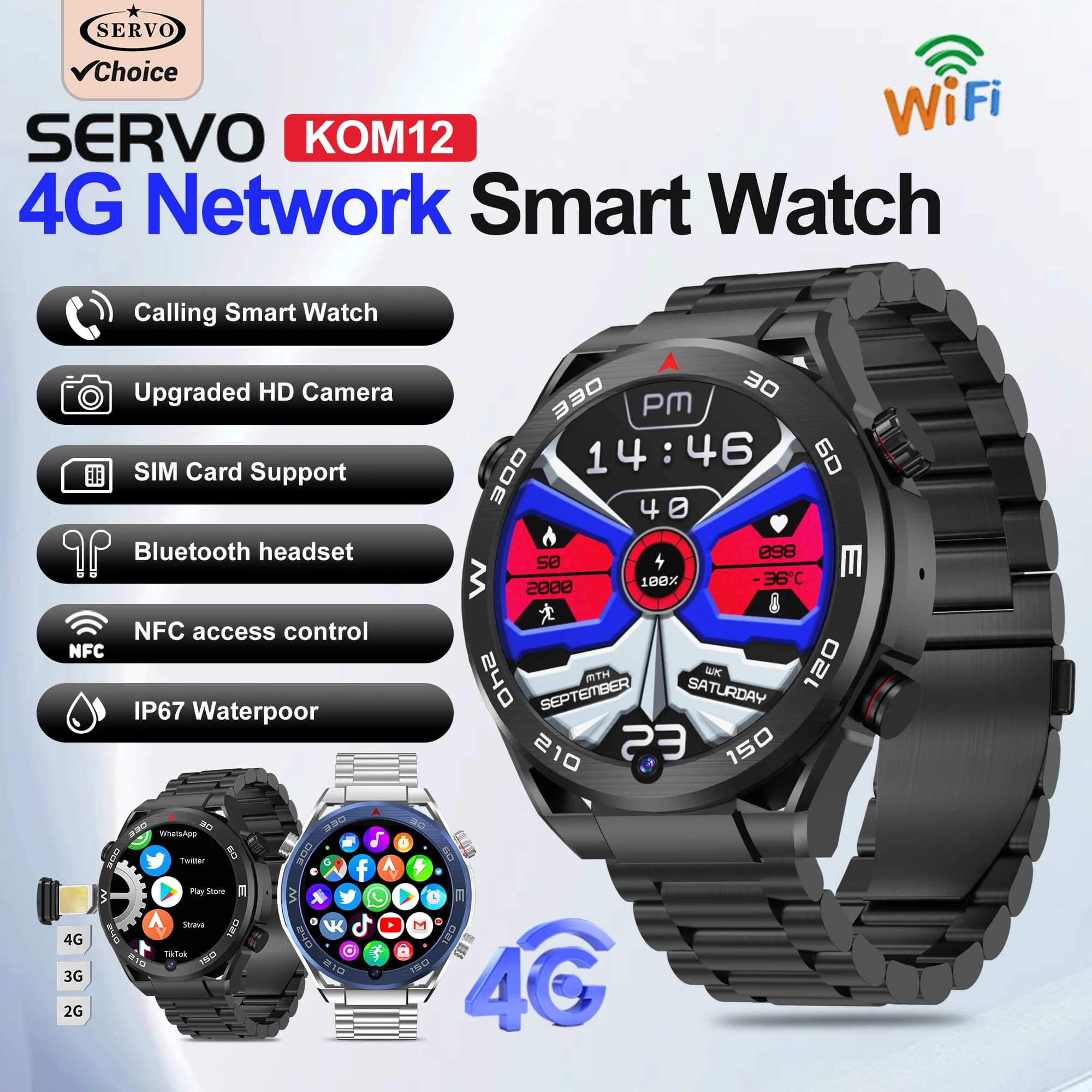 SERVO Smartwatch Sportivo da Esterno Impermeabile con GPS Integrato, Monitoraggio Frequenza Cardiaca, NFC, Display HD da 1.62 Pollici, Android, Videochiamata