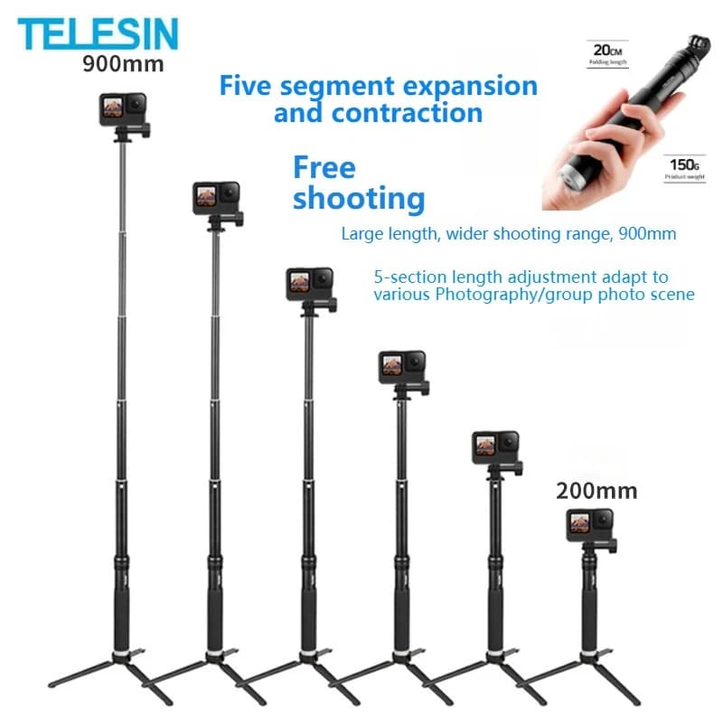 TELESIN Telescopic Auction in Aluminium League 0.2-0.9M, Monopiede and Treppiede for GoPro Hero, Insta360, DJI OSMO Action and Smartphone