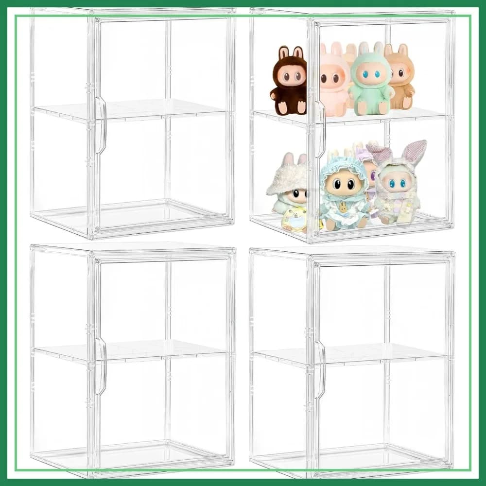 Espositore in Acrilico a 2 Livelli per Oggetti da Collezione con Porta Magnetica, Divisori Mobili, Confezione da 4