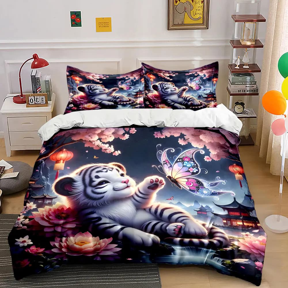 Fantasy tiger with floral butterfly Printed Duvet Cover Set1 Duvet Cover+2 PillowcaseMulti Size Bedroom Bedding Decoration