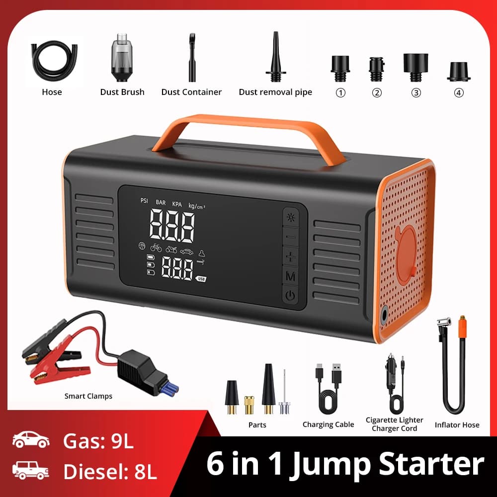 6 in 1 Car Jump Starter Battery Power Bank Portable Emergency Starter Booster 12V Auto Starting Device for Petrol Vehicle Start