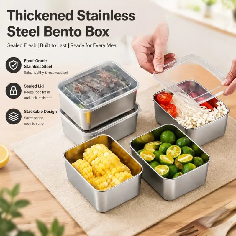 Thick Stainless Steel Rectangular Airtight Food Box Leakproof Bento Container for Stall Business Picnic Fridge Multi-scene Fresh