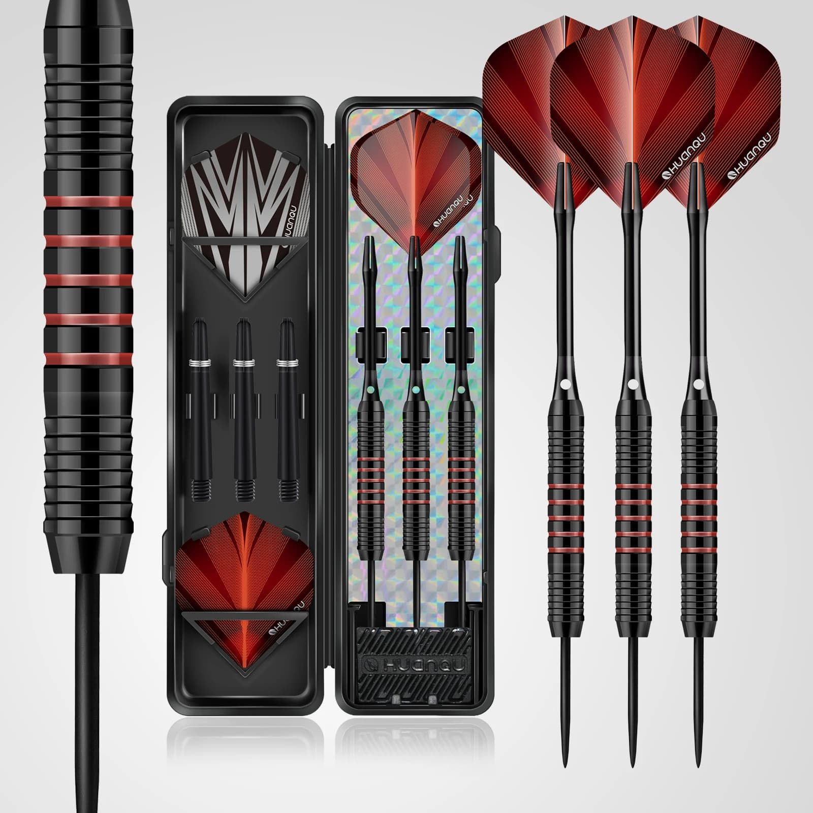 HUANQU 3Pcs 22g Steel Tip Darts Set Textured Grip Dart Barrels with Shafts Flights Carry Case for Dartboard Game