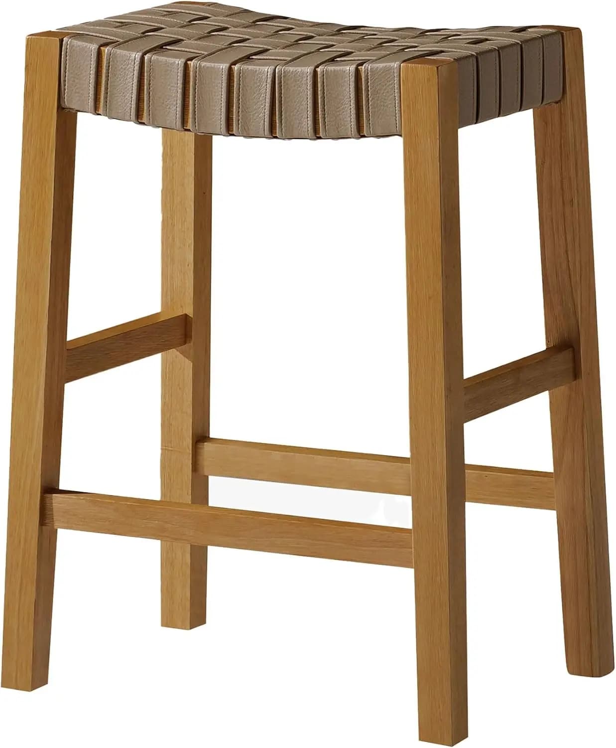 Sgabello da bancone Emerson – 26 pollici – Sgabello rettangolare con poggiapiedi – Legno massello naturale e seduta in pelle intrecciata beige –