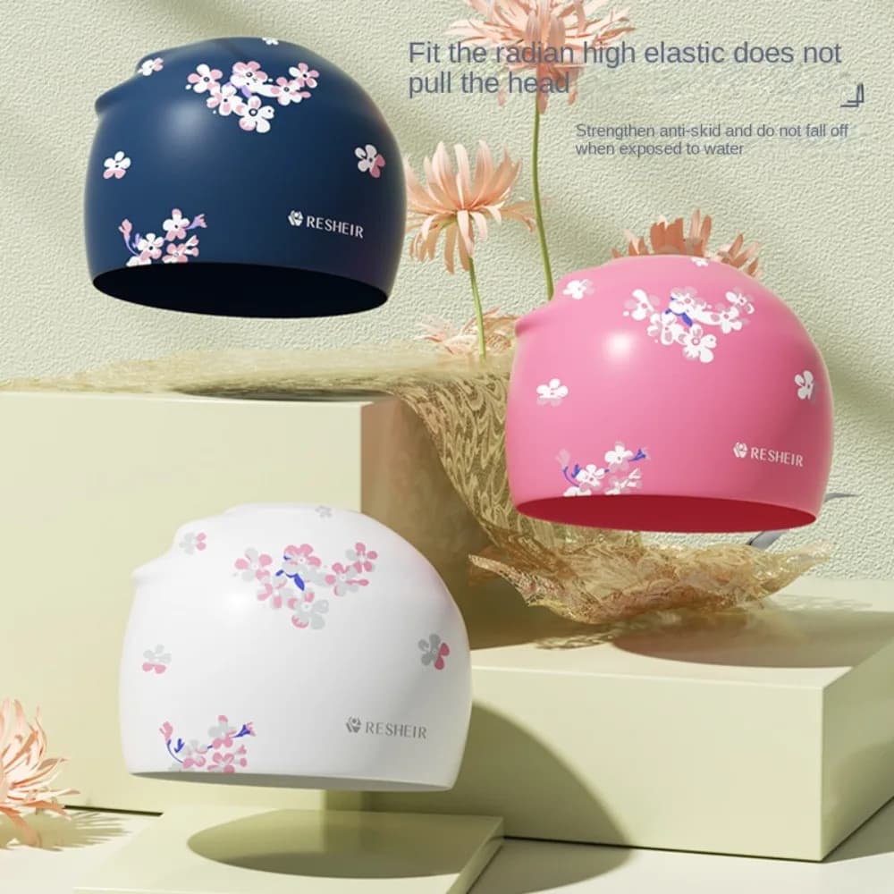 High Elastic Waterproof Swimming Cap Comfortable Protect Ears Silicone Swim Cap Silicone Waterproof Printed Swimming Cap Women