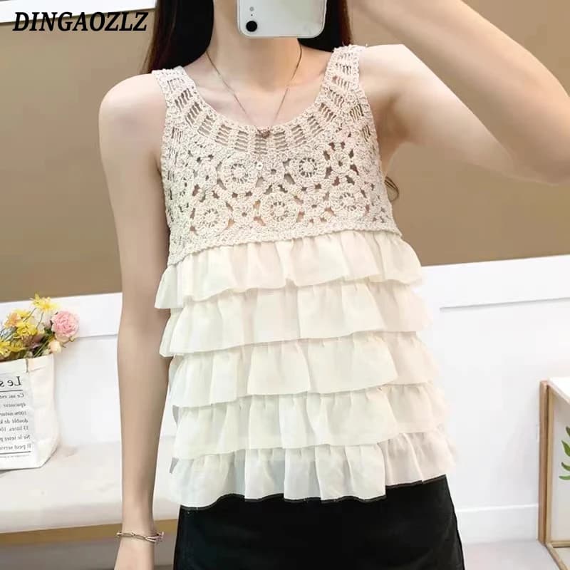 Sleeveless summer shirt with flower-shaped hook, patchwork chiffon shirt, knitted vest with volant