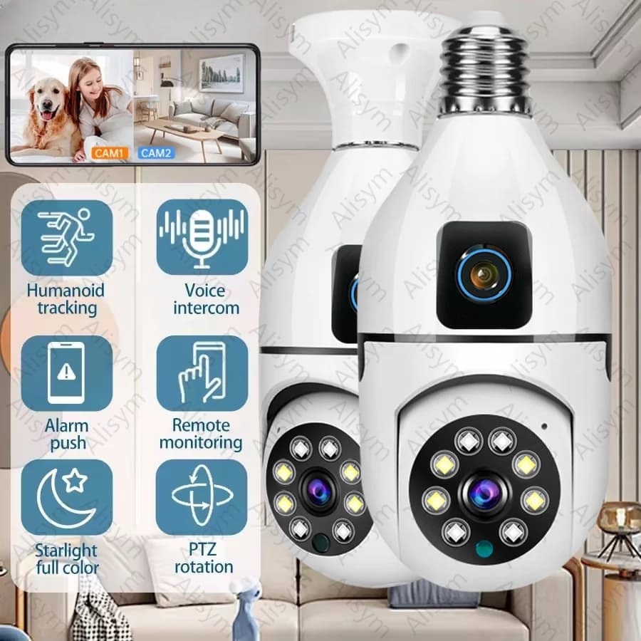 Telecamera WiFi E27 da 8MP con Zoom 8X, Doppia Lente, Sorveglianza Interna, Tracciamento Umano, Audio Bidirezionale Wireless, Visione Notturna 5MP