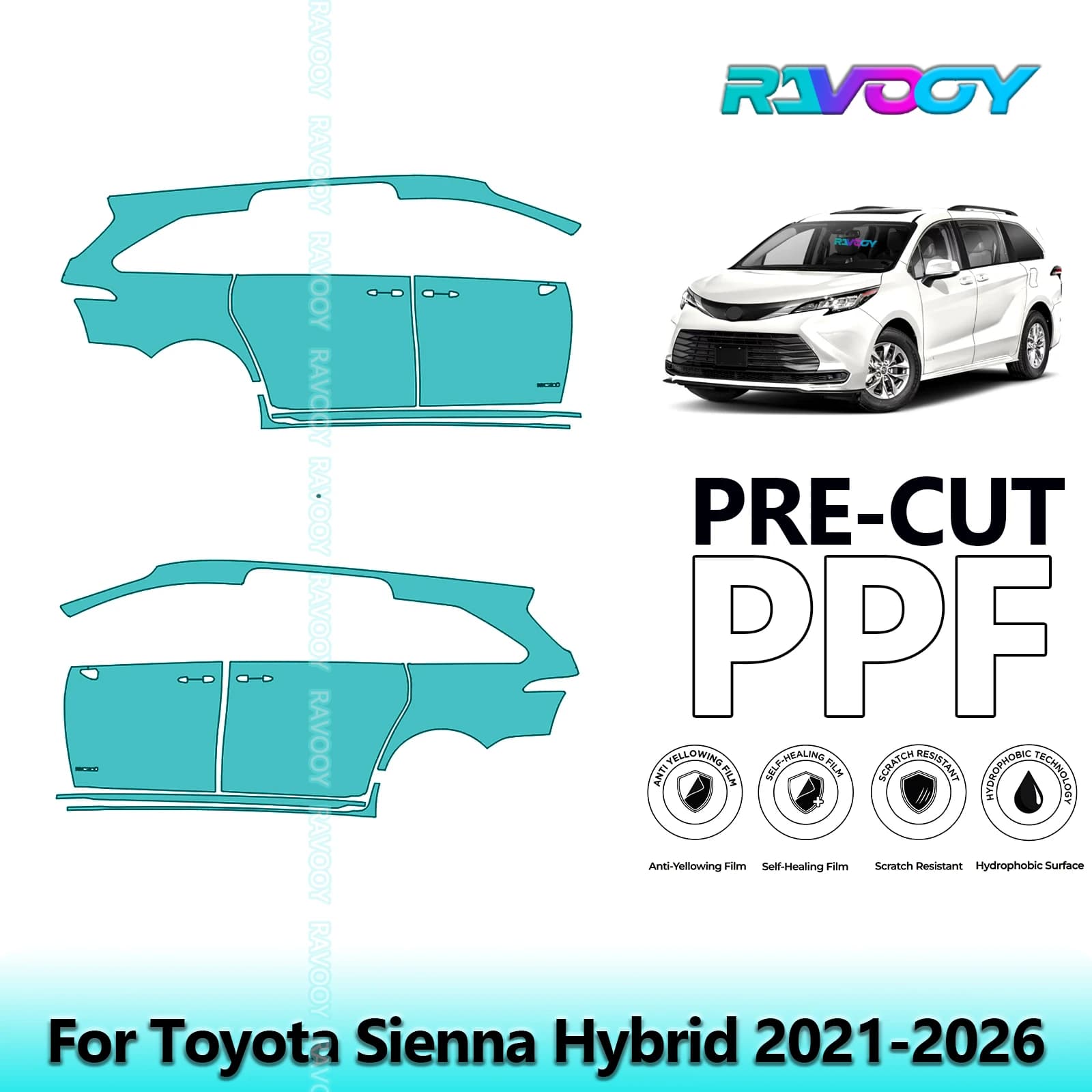 For Toyota Sienna Hybrid 2021-2026 8.5mil Transparent Pre-Cut PPF Door and Pillar A/B Kit TPU Paint Protection Film Set