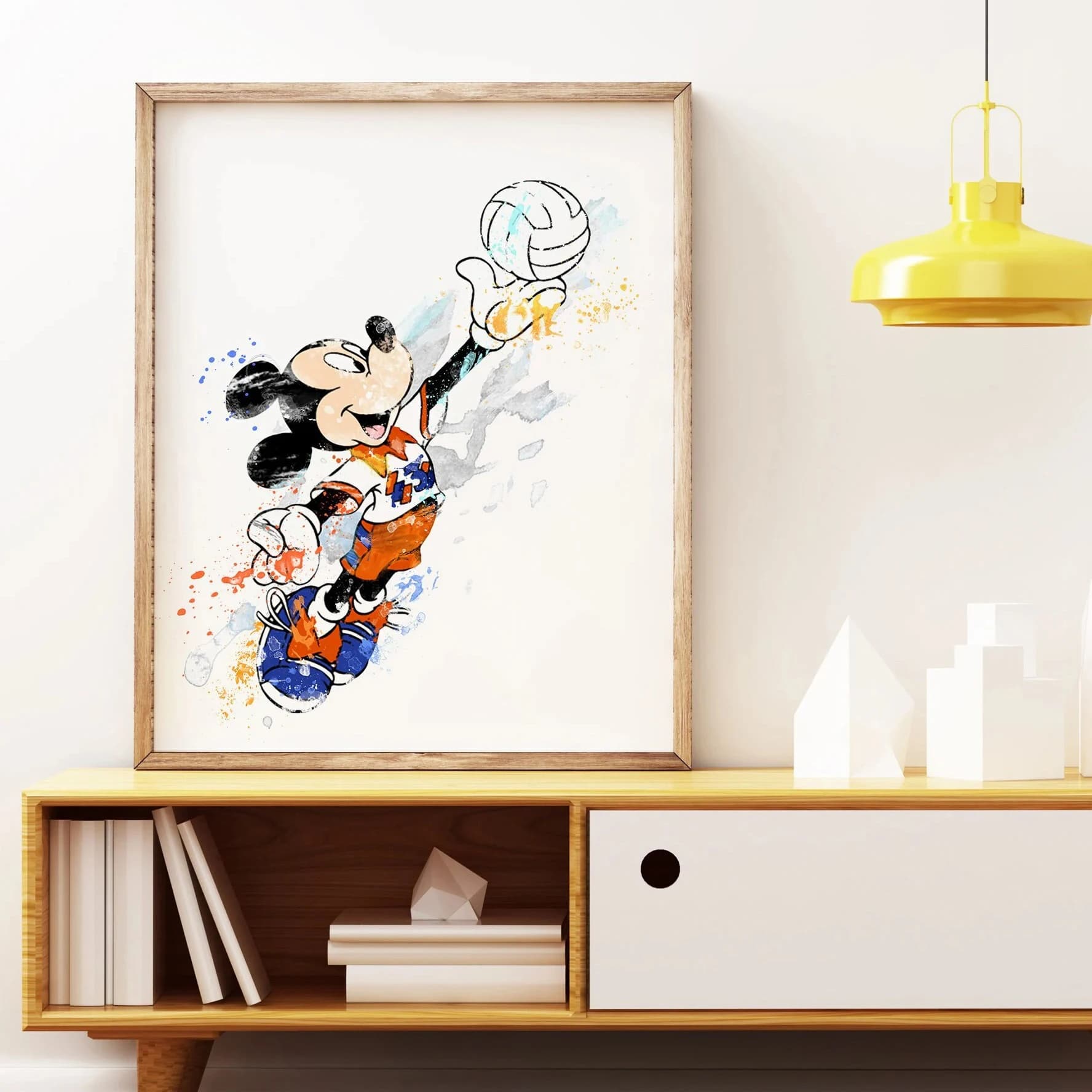 Painting Mickey Watercolor, Disney Film Poster, Mickey and Minnie's Canvas Art with Volleyball, Kids Room Wall Decoration