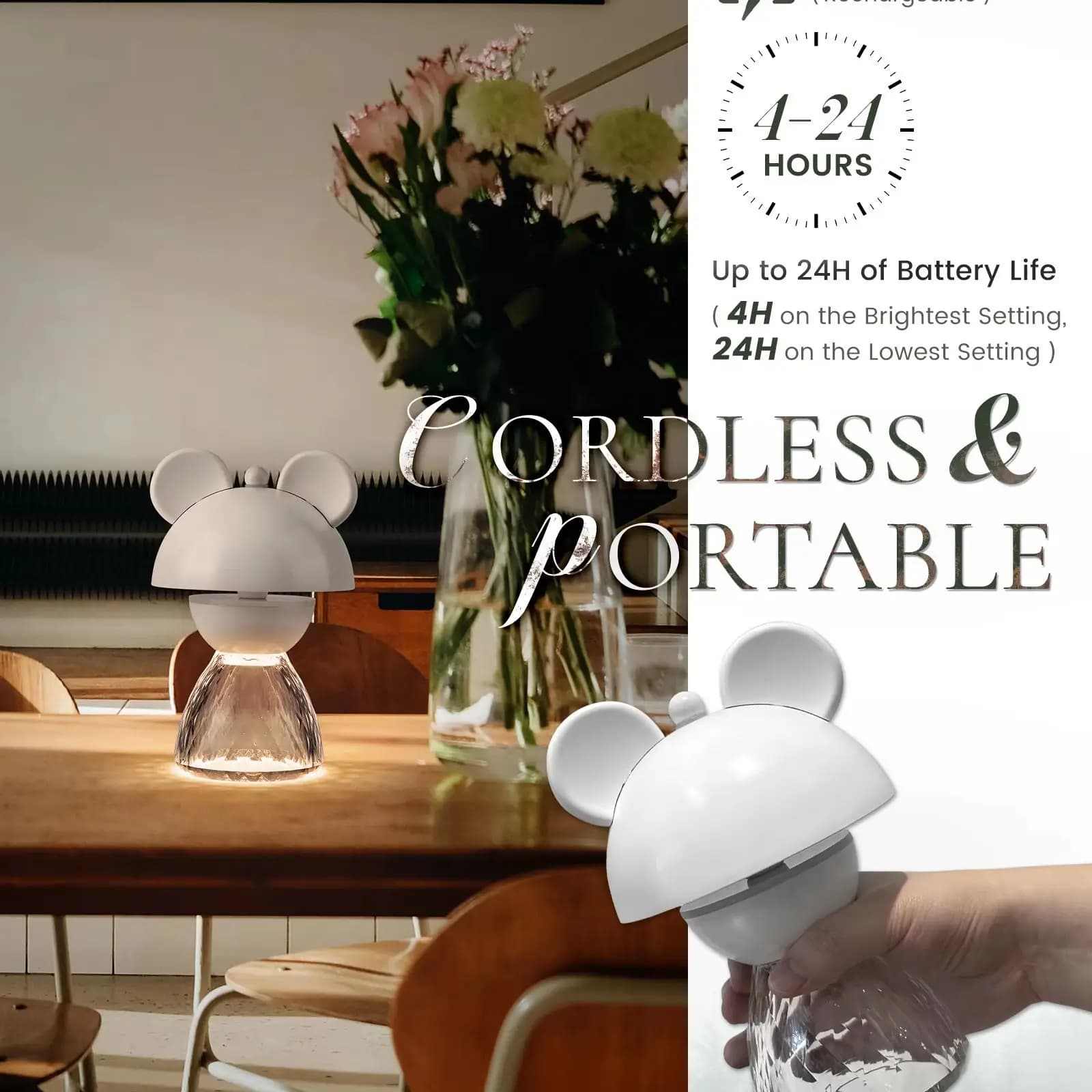 Lampada da Tavolo a Forma di Orso con Controllo Touch, Luce Notturna LED Dimmerabile a 3 Livelli, Ricaricabile 3000mAh, Portatile Senza Fili