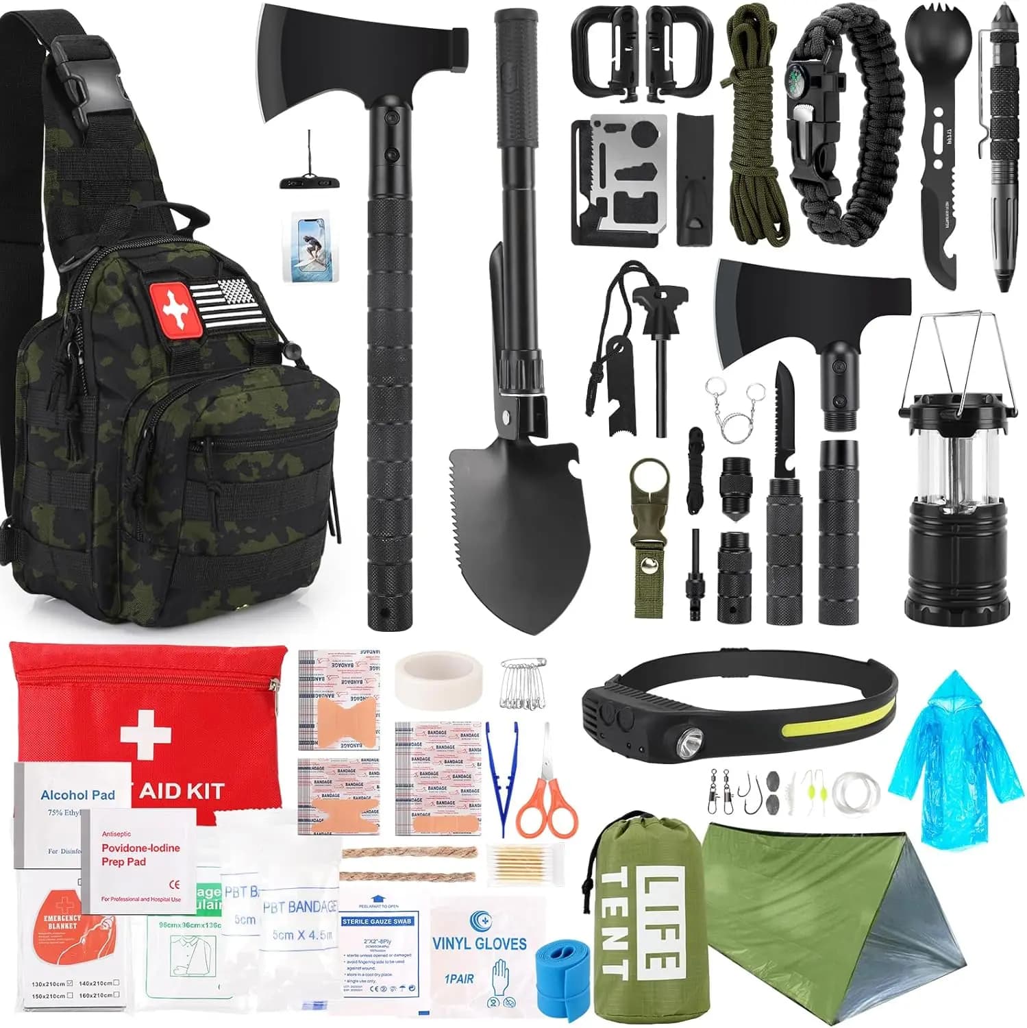 Survival Kit 268 Pieces with First Aid, Camping Axe, Front Lamp and Hiking Bag, Hunting, Christmas Gifts for Men and Dad in Black