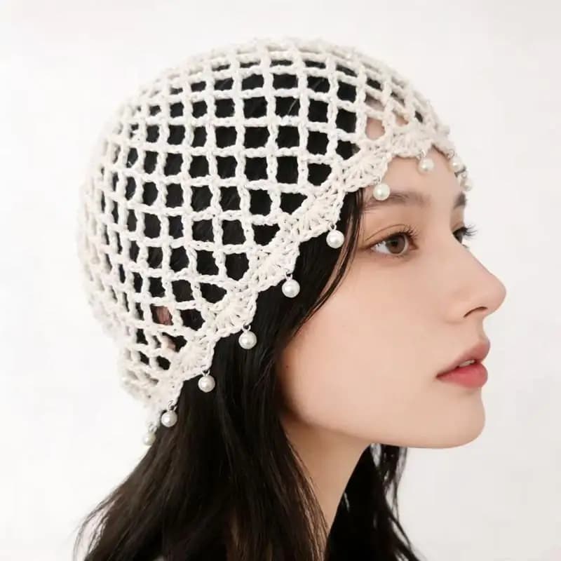 Fashion Hollowed Out Woven Pullover Hats Crochet Breathable Beret Cap Pearl Fringed Retro Beanies Cap For Women Summer Korean