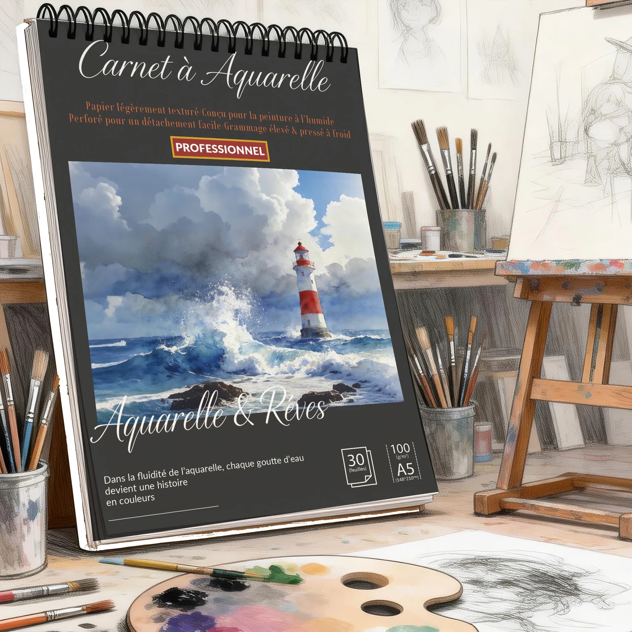 Spiral Bound Art Sketch Book A5, Black Hardcover Coastal Lighthouse Print, 100 GSM Acid-Free Pad – For Artists & Students, Back